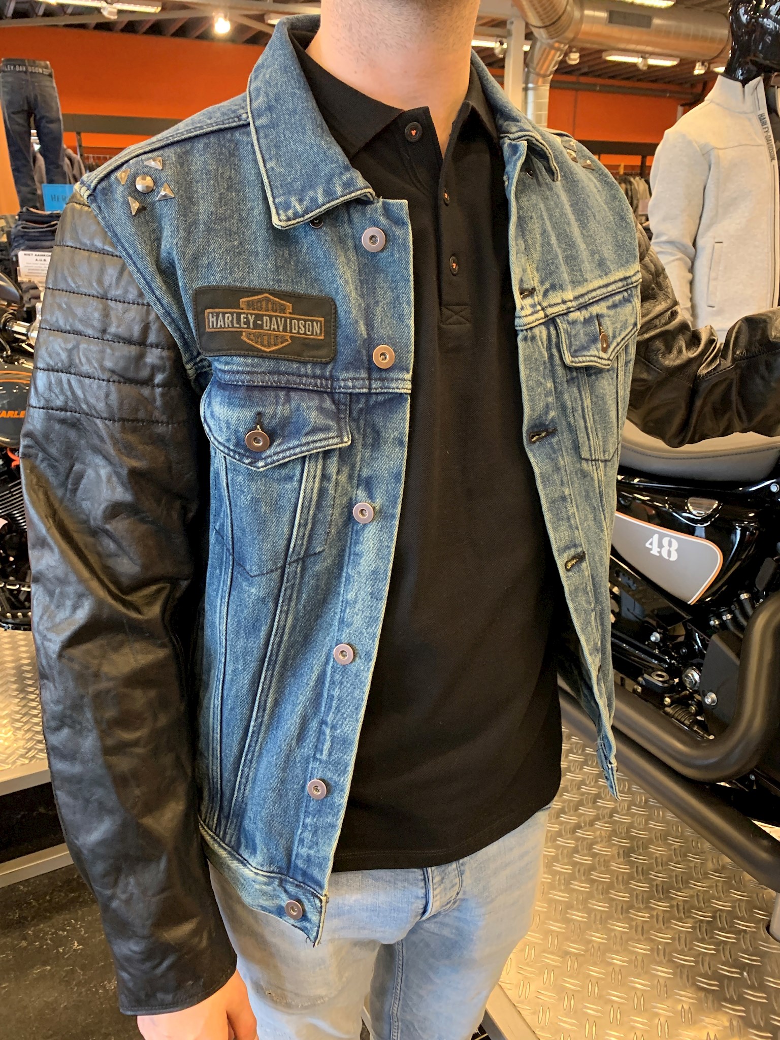 Harley davidson denim discount and leather jacket